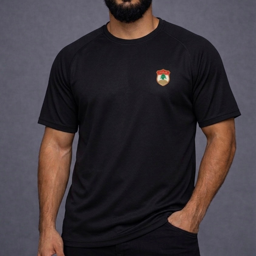 Black Lebanon jersey with red cedar crest – Breathable mesh sports apparel by AHLBAYT.